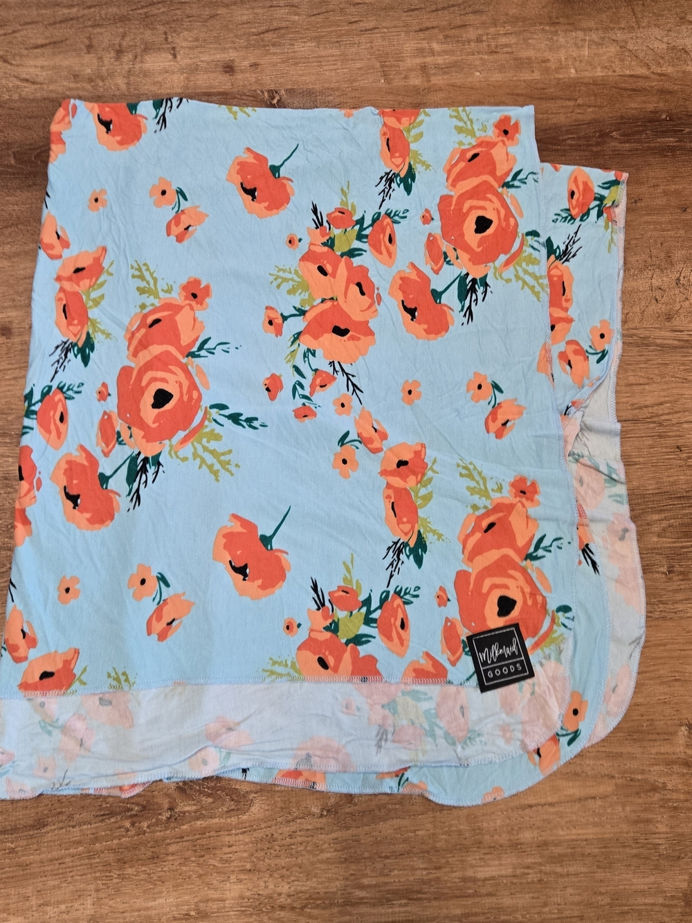 Milkmaid Goods Light Blue Floral Blanket with Coral Peach Poppy Baby Swaddle
